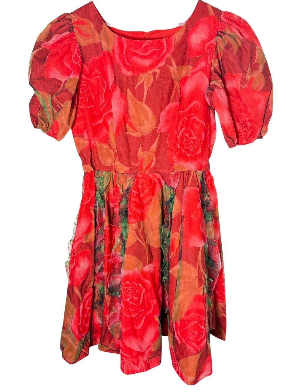 Vintage USA Made Red Rose Puff Sleeve Romantic Floral Dress Size 16